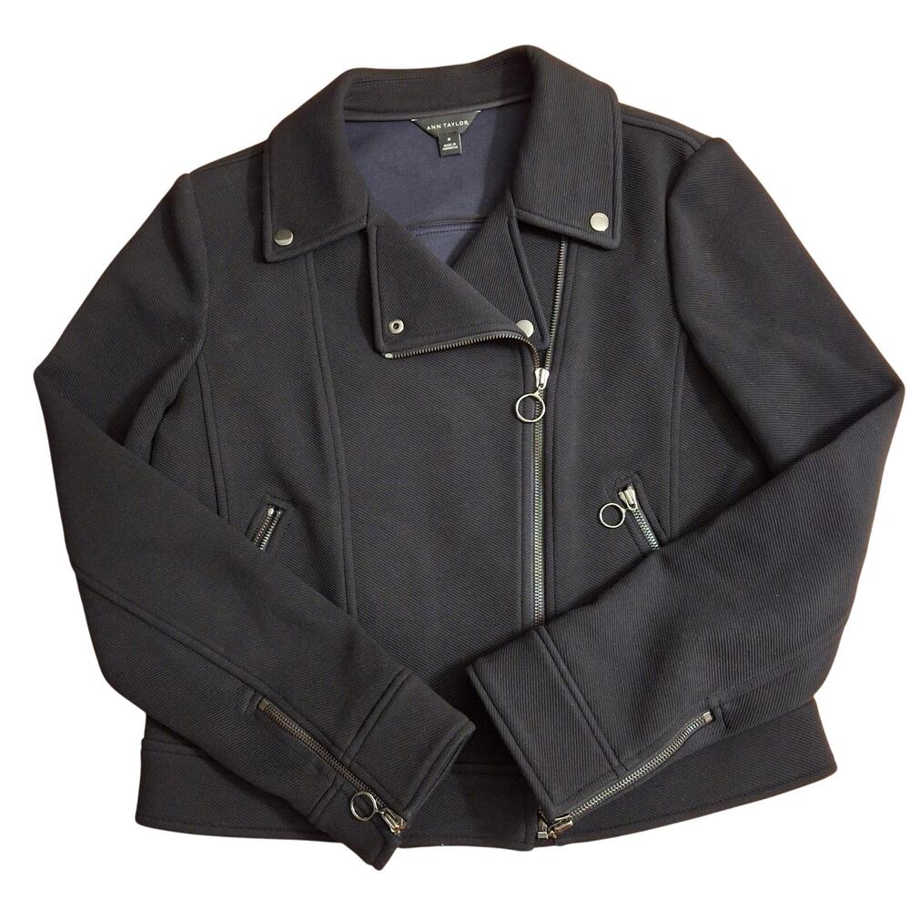 Ann Taylor Jacket Womens 10 Black Moto Biker Asymmetrical Zip Cotton Blend NWOT